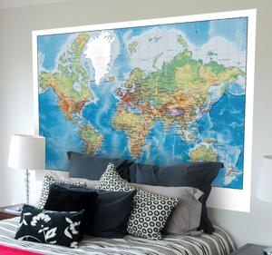 Muursticker woonkamer wereld map