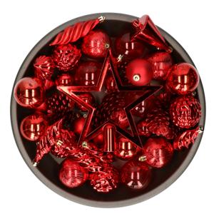 Decoris kerstballen, ornamenten en piek set - 60-delig - rood - kunststof