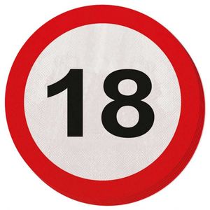 20x Achttien/18 jaar feest servetten verkeersbord 33 cm rond verjaardag/jubileum   -