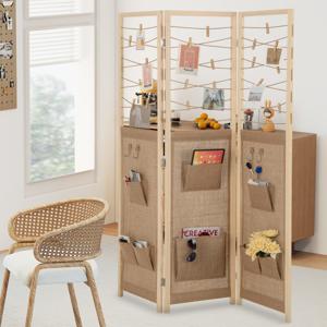 3-delige Roomdivider 120 × 170 cm Paravent Scheidingswand Hout met 8 Opbergzakken & 4 Haken & 20 houten Klemmen