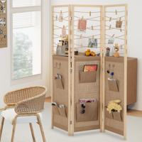 3-delige Roomdivider 120 × 170 cm Paravent Scheidingswand Hout met 8 Opbergzakken & 4 Haken & 20 houten Klemmen