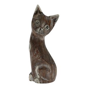 Houten Beeldje Kat Blackwash (20 x 7 cm)