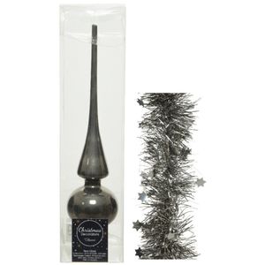 Kerstversiering glazen piek glans 26 cm en sterren folieslingers pakket antraciet van 3x stuks