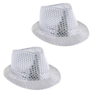 Carnaval verkleed hoedje - 2x - Trilby - zilver - glitter pailletten - heren/dames - Carnaval