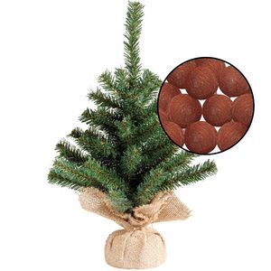 Mini kerstboompje groen - met lichtsnoer bollen terracotta bruin - H45 cm