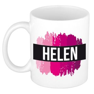 Naam cadeau mok / beker Helen met roze verfstrepen 300 ml