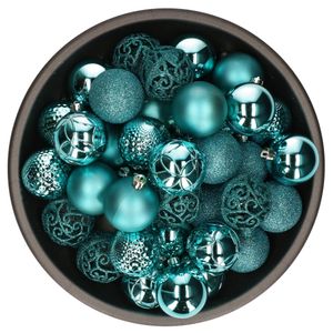 37x stuks kunststof kerstballen turquoise blauw 6 cm inclusief kerstbalhaakjes