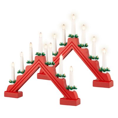 Kaarsenbrug rood - 2x - hout - met LED verlichting - 7 led lampjes - 4,8 x 39,5 x 32 cm