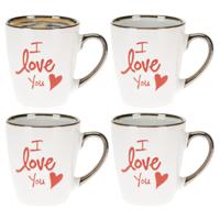 Siaki Koffiemok / theemok I Love You - 4x - wit/goud - 300 ml - mokken - aardewerk - valentijnsdag
