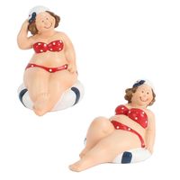 Woonkamer decoratie beeldjes set van 2 dikke dames - rood badpak - 10 cm - thumbnail