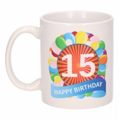 15 jaar Verjaardag koffiemok - cadeau beker - feestelijke ballonnen print - 300 ml - keramiek - wit