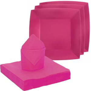 Feest/verjaardag servies set 20x gebaksbordjes/25x servetten - fuchsia roze - karton