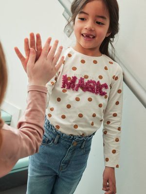 Meisjesshirt met print en gezichtje in reliëf ecru