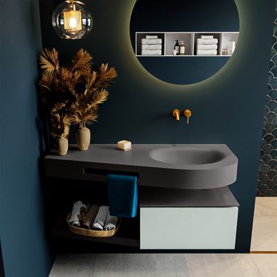 MONDIAZ RIVA 120cm badmeubel onderkast / planchet kleur Greey met 1 lade. Wastafel DULCET rechts 0 kraangaten kleur Dark_Grey. MONDIAZ RIVA 120cm badmeubel onderkast / planchet kleur Greey met 1 lade. Wastafel DULCET rechts 0 kraangaten kleur Dark_Grey.