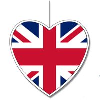 Engeland vlag hangdecoratie hartjes vorm karton 14 cm   -