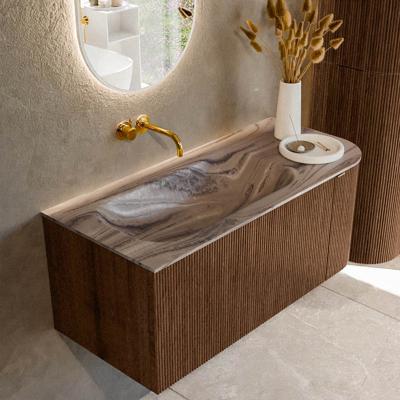 Badmeubel Mondiaz Kurve-Dlux | 105 cm | Meubelkleur Walnut | Wastafelkleur Sombra | Solid surface | Wasbak linker zijde spoelbak | Zonder kraangat(en)
