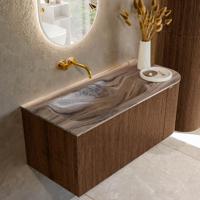 Badmeubel Mondiaz Kurve-Dlux | 105 cm | Meubelkleur Walnut | Wastafelkleur Sombra | Solid surface | Wasbak linker zijde spoelbak | Zonder kraangat(en)