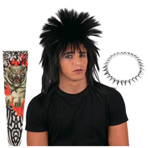 Carnaval verkleed setje heren punker - wilde haren pruik - spikes ketting - tattoo sleeves