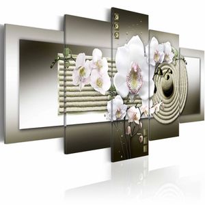 Schilderij - Zen Orchidee, Wit/Grijs, 5luik , premium print op canvas