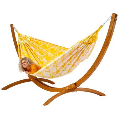 Familie hangmat met houten standaard - 400x180cm - Geel - 200kg draagkracht- 100% katoen - binnen & buiten