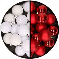 36x stuks kunststof kerstballen wit en rood 3 en 4 cm - thumbnail