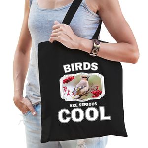 Katoenen tasje birds are serious cool zwart - vogels/ pestvogel cadeau tas