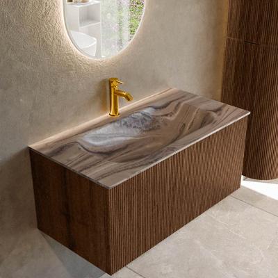 Badmeubel Mondiaz Kurve-Dlux | 90 cm | Meubelkleur Walnut | Wastafelkleur Sombra | Solid surface | Wasbak midden spoelbak | 1 kraangat