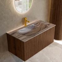 Badmeubel Mondiaz Kurve-Dlux | 90 cm | Meubelkleur Walnut | Wastafelkleur Sombra | Solid surface | Wasbak midden spoelbak | 1 kraangat