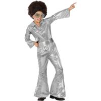 Disco Fever jumpsuit - metallic zilver - voor kinderen - 2-delig - Carnaval/70's foute party