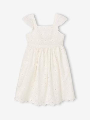 Jurk voor meisjes met Engels borduurwerk van katoen wit