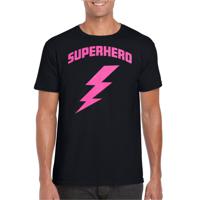 Verkleed T-shirt voor heren - superheld - zwart/roze - stripfiguren - carnaval/themafeest - thumbnail