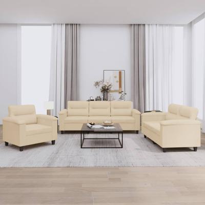 3-delige Loungeset met kussens microvezelstof crèmekleurig