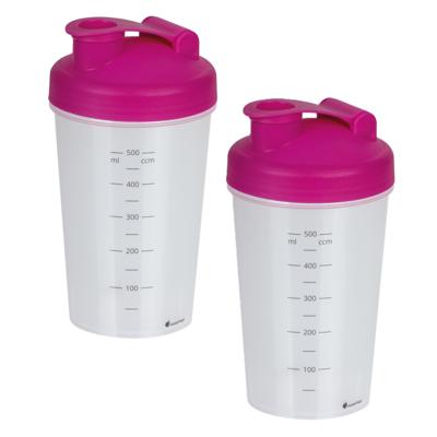 Shakebeker/shaker/bidon - 2x - 600 ml - roze - kunststof