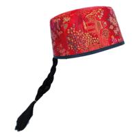 Carnaval verkleed Aziatisch/Chinees hoedje met vlecht - rood - volwassenen Carnaval verkleed Aziatisch/Chinees hoedje met vlecht - rood - volwassenen