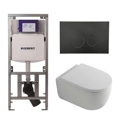 QeramiQ Dely Swirl Toiletset - 36.3x51.7cm - Geberit UP320 Burda inbouwreservoir - 35mm zitting - mat zwarte metalen bedieningsplaat - ronde knoppen - wit glans 0701131/SW706192/SW1000767/SW1026256