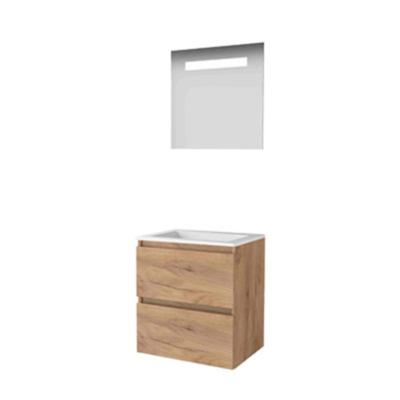 Basic-Line Economic 46 Badkamermeubelset - 60 x 46 cm - Greeploos - 2 Lades - Acryl Wastafel - Zonder Kraangat - Spiegel met LED Verlichting - Whisky Oak