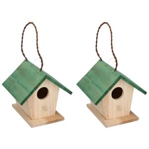 2x Houten vogelhuisjes/nestkastjes met groen dak 17 cm