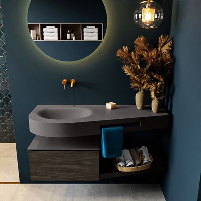 MONDIAZ RIVA 120cm badmeubel onderkast / planchet kleur Dark_Brown met 1 lade. Wastafel DULCET links 0 kraangaten kleur Dark_Grey. MONDIAZ RIVA 120cm badmeubel onderkast / planchet kleur Dark_Brown met 1 lade. Wastafel DULCET links 0 kraangaten kleur Dark_Grey.
