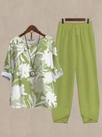 Crew Neck Casual Loose Floral Two-Piece Set - thumbnail