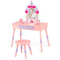 Kindermake-Uptafel met Kruk 2-in-1 Kindermake-Uptafelset van Hout met Spiegel Lade (Roze)