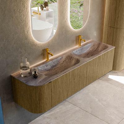 Badmeubel Mondiaz Kurve-Dlux | 165 cm | Meubelkleur Dusk | Wastafelkleur Oza | Solid surface | Dubbel / Rechts spoelbak | 2 kraangaten