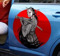 Autostickers Ninja meisje silhouet op rode achtergrond - thumbnail