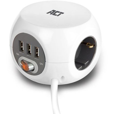 ACT Connectivity Vierkante stekkerdoos (PDU) met 3 sockets type F, 3 USB-A poorten, 1,5m