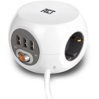 ACT Connectivity Vierkante stekkerdoos (PDU) met 3 sockets type F, 3 USB-A poorten, 1,5m stekkerdoos