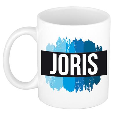 Joris naam cadeau koffie mok - beker - met blauw verfstrepen - Cadeau collega - vaderdag