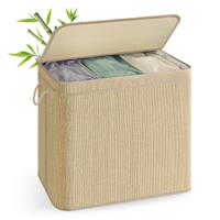 Bamboe wasmand met meerdere compartimenten en afneembare waszak, Natuurtint / 170 L (3 Vak)