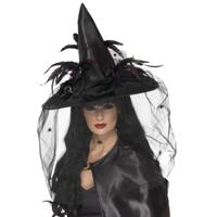 Zwarte luxe hoge heksenhoed met veren sluier - Halloween - Dames - Verkleed hoeden