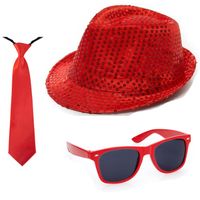 Carnaval verkleed set hoed stropdas en bril rood glitters - Verkleedhoofddeksels - thumbnail
