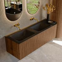 Mondiaz KURVE 145 cm Onderkast Greeploos 1 Lade Met Deuren Walnut, Wastafel Solid Surface Links Urban 0 Kraangaten Zonder Spiegel (KRVCLO145R1L1D0KD-Wal/Urb)