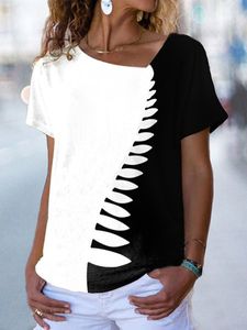 Color Block Asymmetrical Neck Vacation Short Sleeve Top